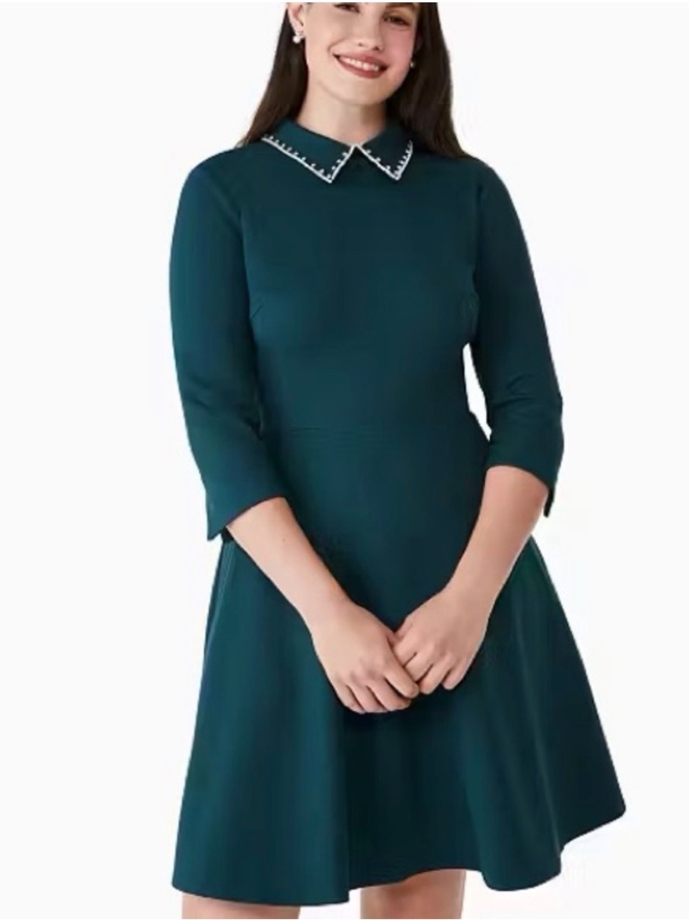 kate spade Teal Fit-and-Flare Dress with Contrast Stitch Collar